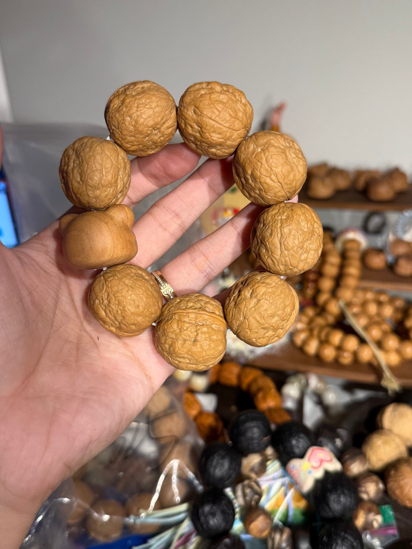 Iron Walnut Bracelet with Hand-Carved Sandalwood Bear (30mm Beads)