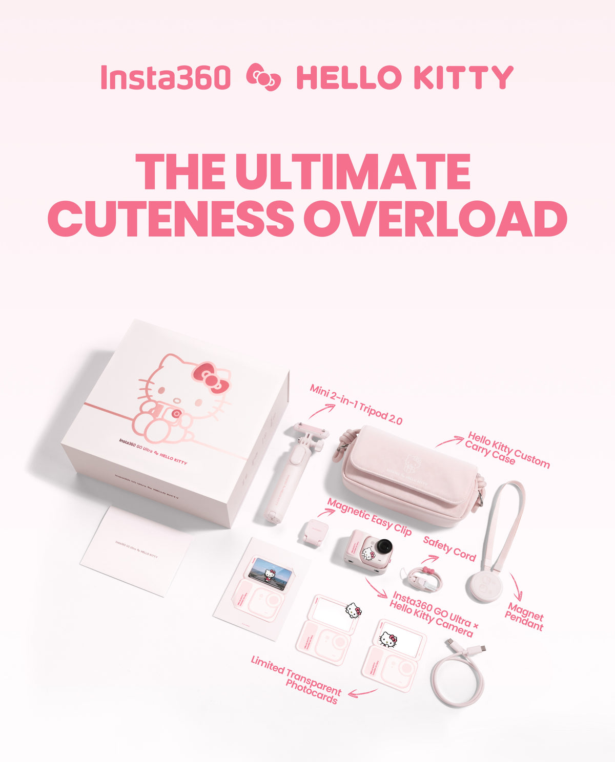 Insta360 GO Ultra × Hello Kitty Edition Small 4K Wearable Vlogging Camera
53g Ultralight Hands-Free POV Cam, 1/1.28" Sensor, 200 Min Battery Life, Magnetic Wearable Pink Action Camera