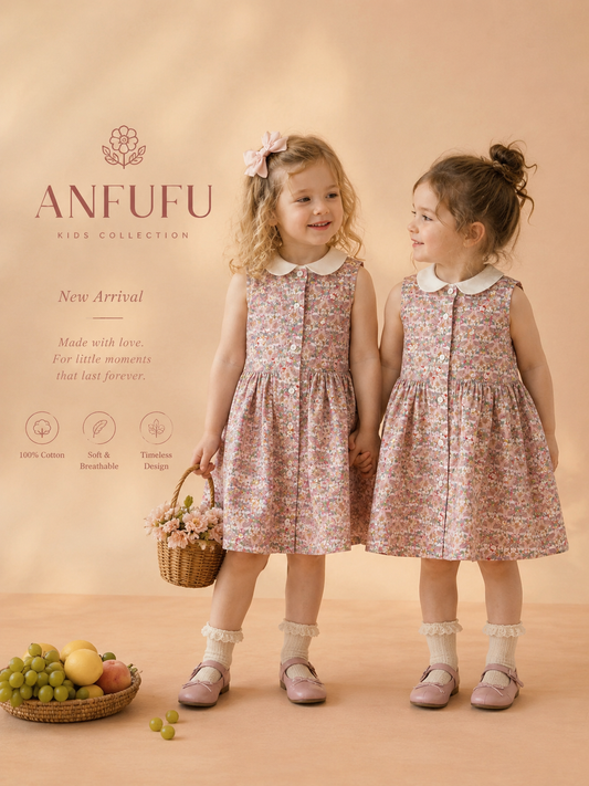 Liberty-Style Floral Cotton Dress with Peter Pan Collar – Girls’ 100% Cotton Sleeveless Dress (Sizes 90–150)