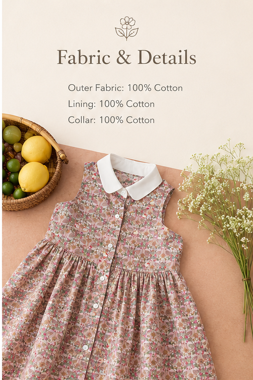 Liberty-Style Floral Cotton Dress with Peter Pan Collar – Girls’ 100% Cotton Sleeveless Dress (Sizes 90–150)
