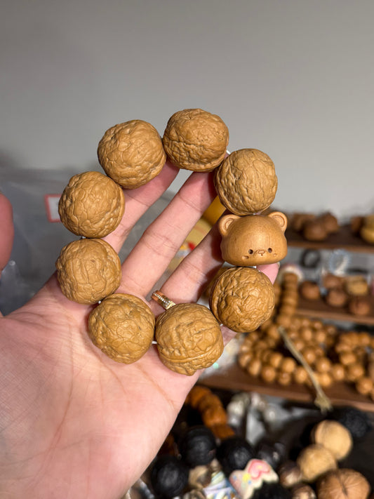 Iron Walnut Bracelet with Hand-Carved Sandalwood Bear (30mm Beads)